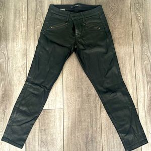 Coated Joe’s Jeans with zipper detail.
